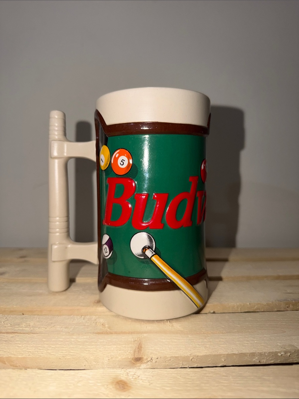 Vintage 1995 Budweiser Collectible Green and Cream Pool-Themed Ceramic Beer Mug